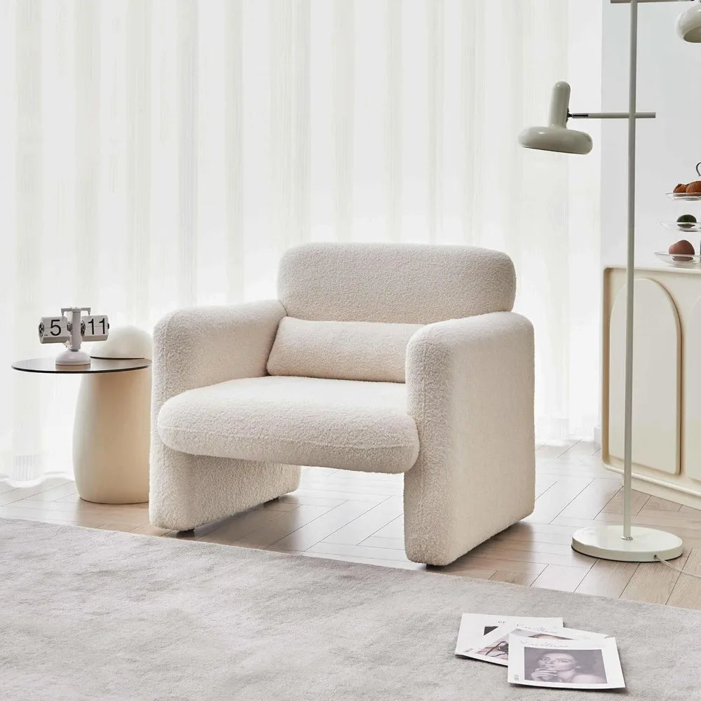 Modern Accent Single Sofa Chair with Arms, Lamb Fabric Upholstered Comfy Reading Arm Chair for Bedroom, Living Room-Beige