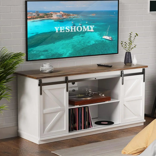 YESHOMY Farmhouse TV Stand and Entertainment Center for Televisions up to 65 Inchs, with Sliding Barn Doors and Storage Cabinets