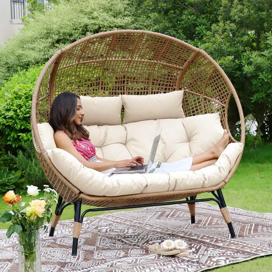 Double Egg Chair Indoor Outdoor Fixed Extra Large Thick Padded Cushion, 2 Person Egg Shaped Love Sofa Chair