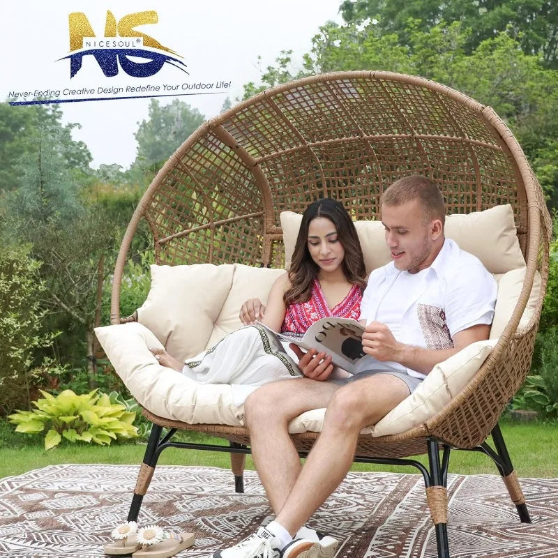 Double Egg Chair Indoor Outdoor Fixed Extra Large Thick Padded Cushion, 2 Person Egg Shaped Love Sofa Chair