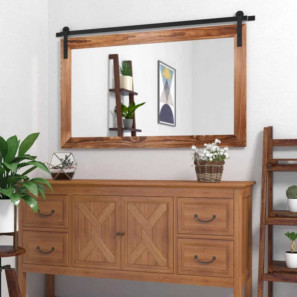 Farmhouse Barn Door Mirror - 41" x 26" Rustic Wood Framed Wall Mirror for Bathroom, Living Room, Bedroom Wall Decor (Brown)