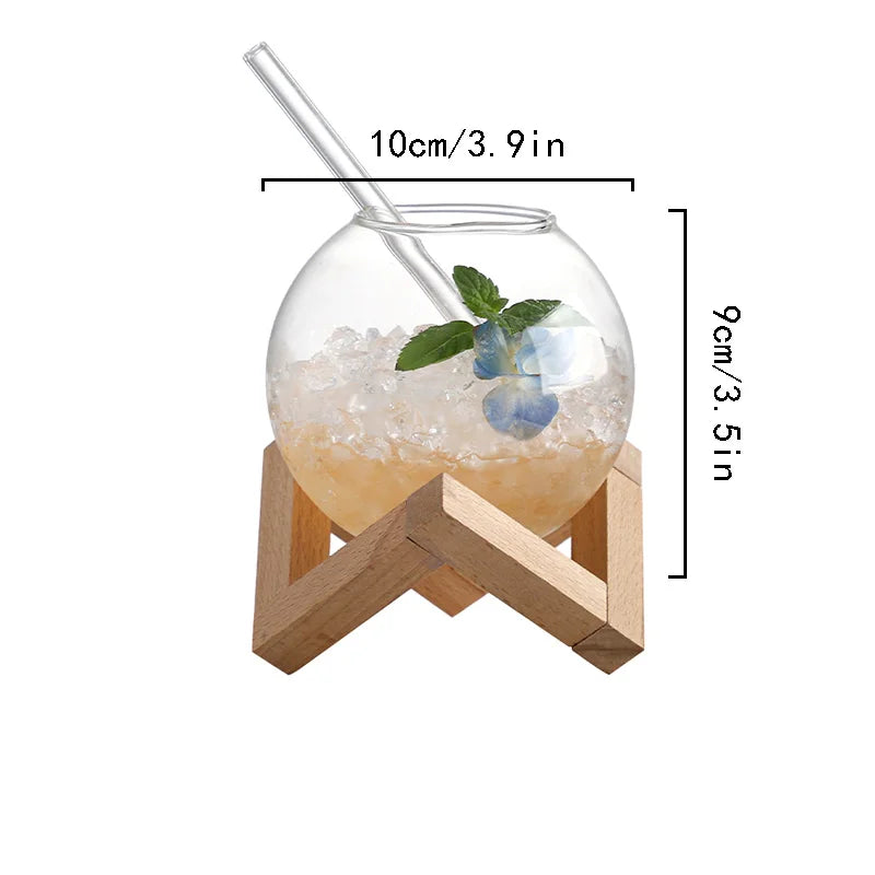 Cocktail Glass Cup With Wood Stand Creative Bar Glassware Drink Cup Ronud Ball Cocktail Mug Smoothie Fruit Moon Juice Tumbler