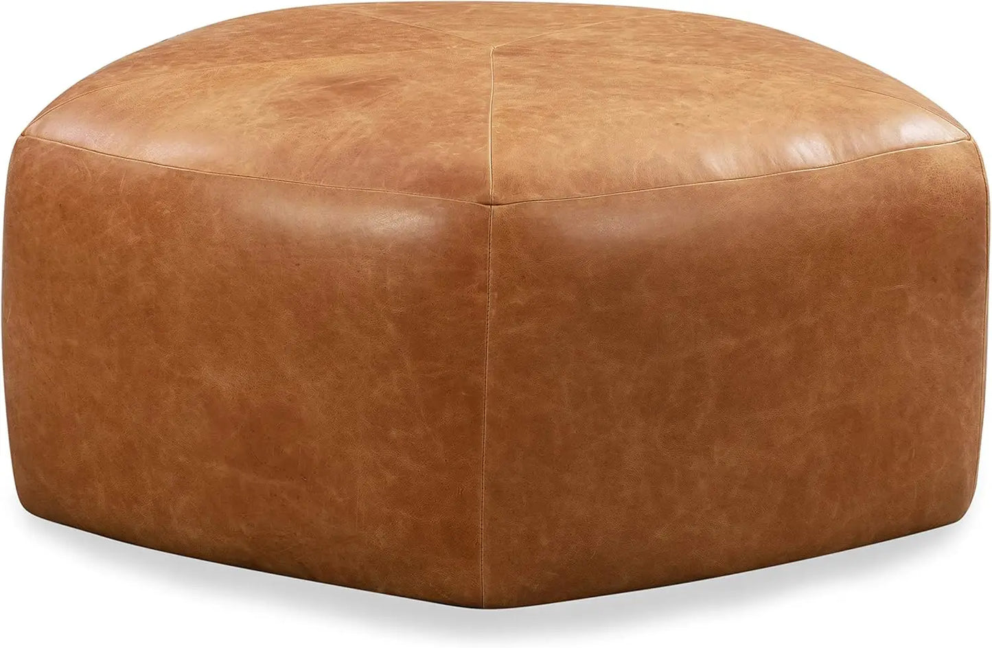 POLY & BARK Porto Modern Leather Ottoman Pouf Living Room Furniture 37"D X 37"W X 17"H (Cognac Tan)