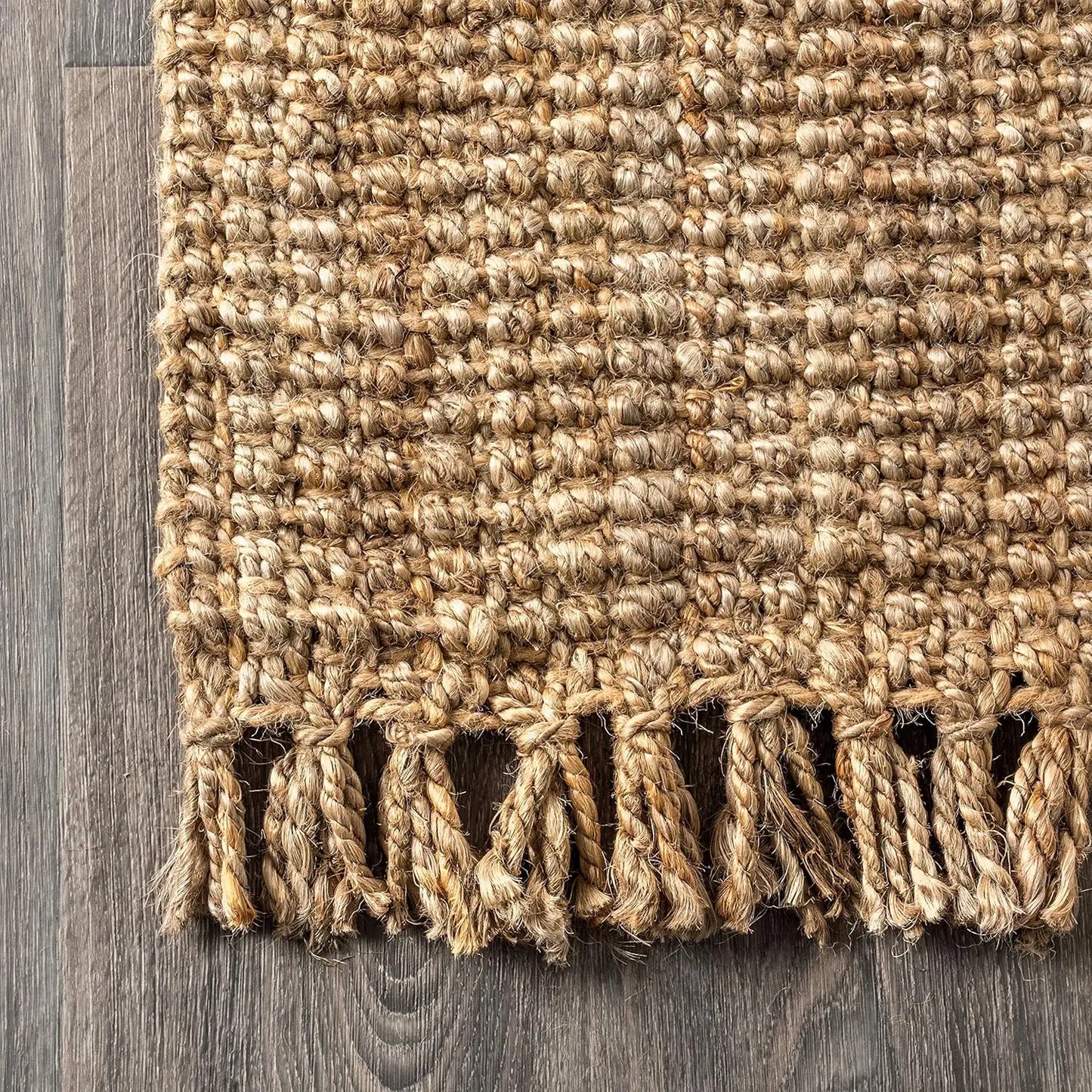 Pata Hand Woven Chunky Jute with Fringe Indoor Area -Rug Bohemian Farmhouse Easy -Cleaning Bedroom Kitchen