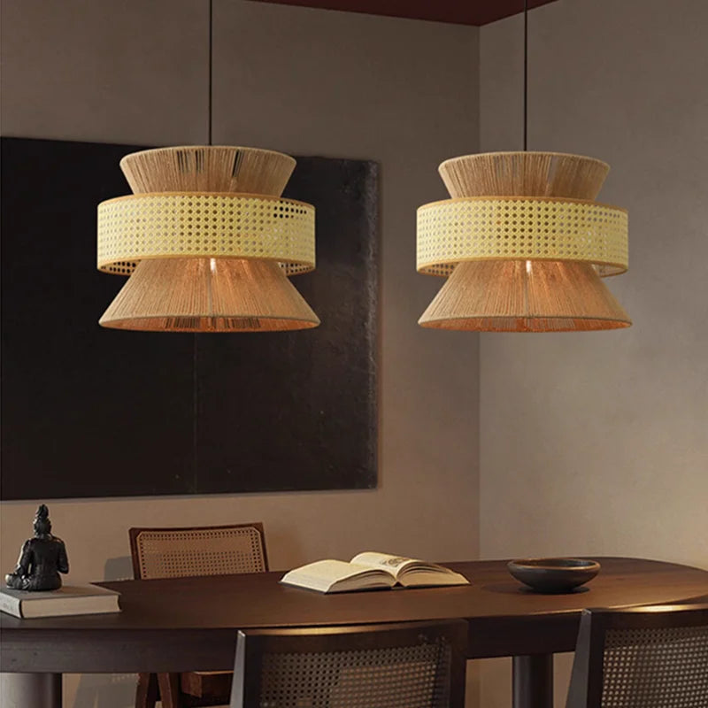 Handmade Hemp Rope pendant light Vintage Japanese Chandelier for Dining Room Hotel Bedroom Woven Rattan Art Pendant lamp