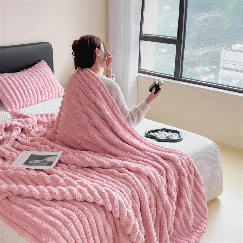 Solid Color Fluffy Blankets Thickened Wide Striped Blanket Soft Warm Sofa Bed Sheet Cover Chunky Nap Blanket Home Bedroom Decor