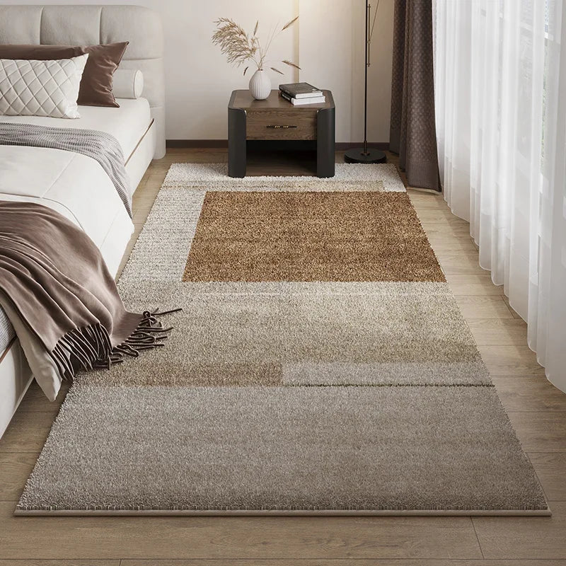 Dark Brown Striped Geometric Carpet Wabi-Sabi Style Bedroom Carpets Soft Non-Slip Bedside Rug Retro Light Luxury Decorative Rugs