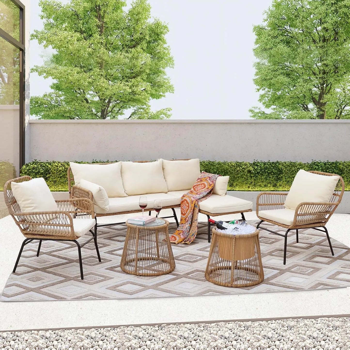 7 Piece Patio Furniture Sets with Egg Chair, Small Outdoor Bistro Chair Conversation Sofa Set w/Coffee Table & Ice Bucket