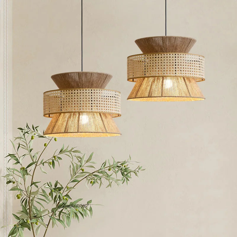 Handmade Hemp Rope pendant light Vintage Japanese Chandelier for Dining Room Hotel Bedroom Woven Rattan Art Pendant lamp