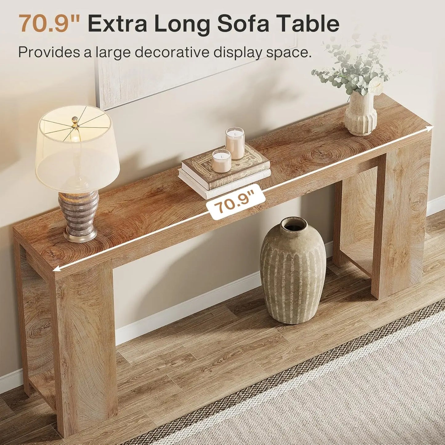 70.9-Inch Extra Long Console Table, Farmhouse Wood Sofa Table Behind Couch, Narrow Entryway Accent Table, Foyer, Light Oak Brown